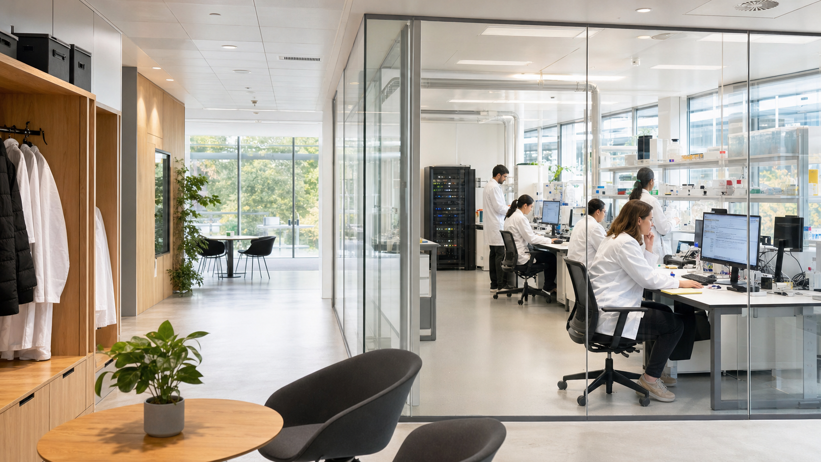 Bright view into the PinealGlandOS research laboratory through a glass wall
