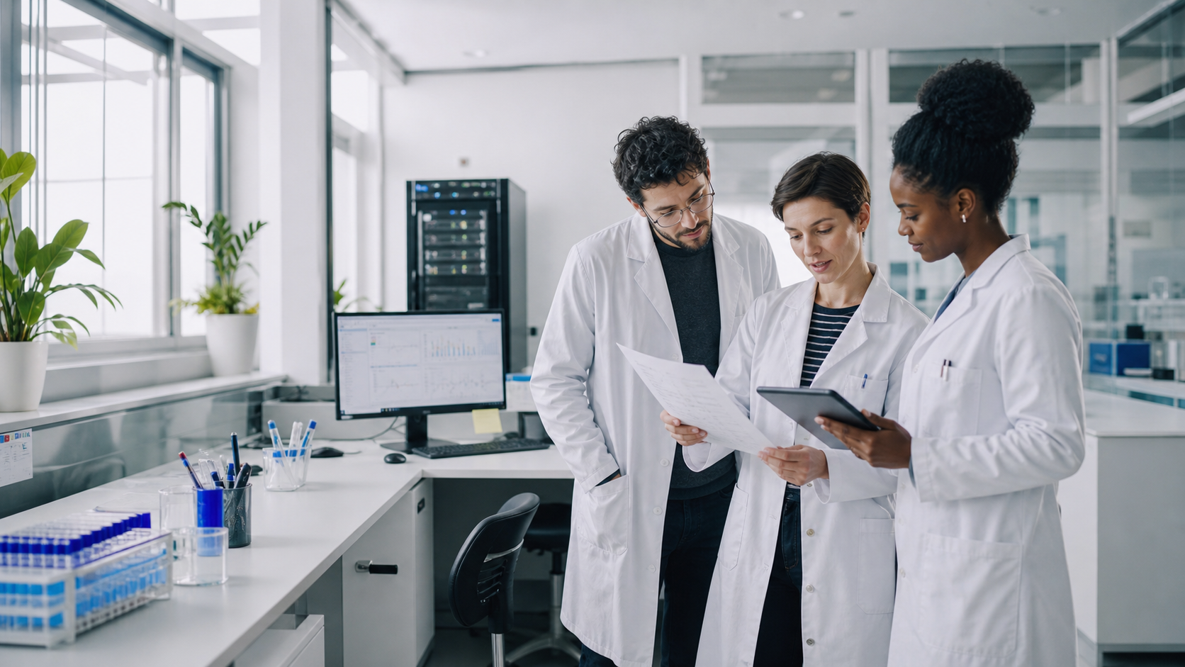 Researchers in lab coats reviewing data in a modern daylight laboratory