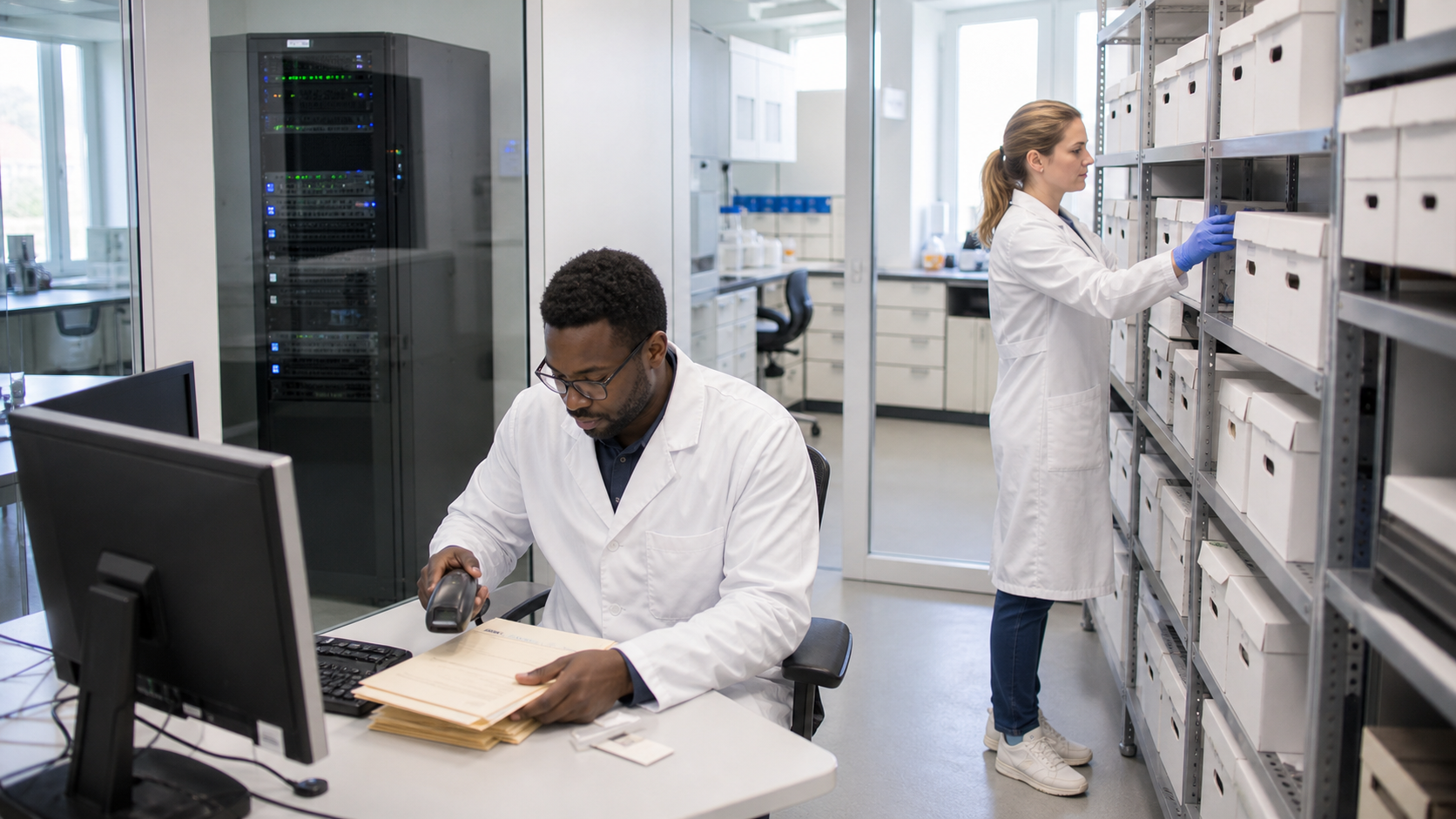Researchers working in a bright laboratory data archive