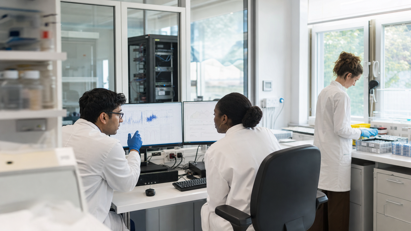 Research team reviewing data at a modern daylight laboratory workstation
