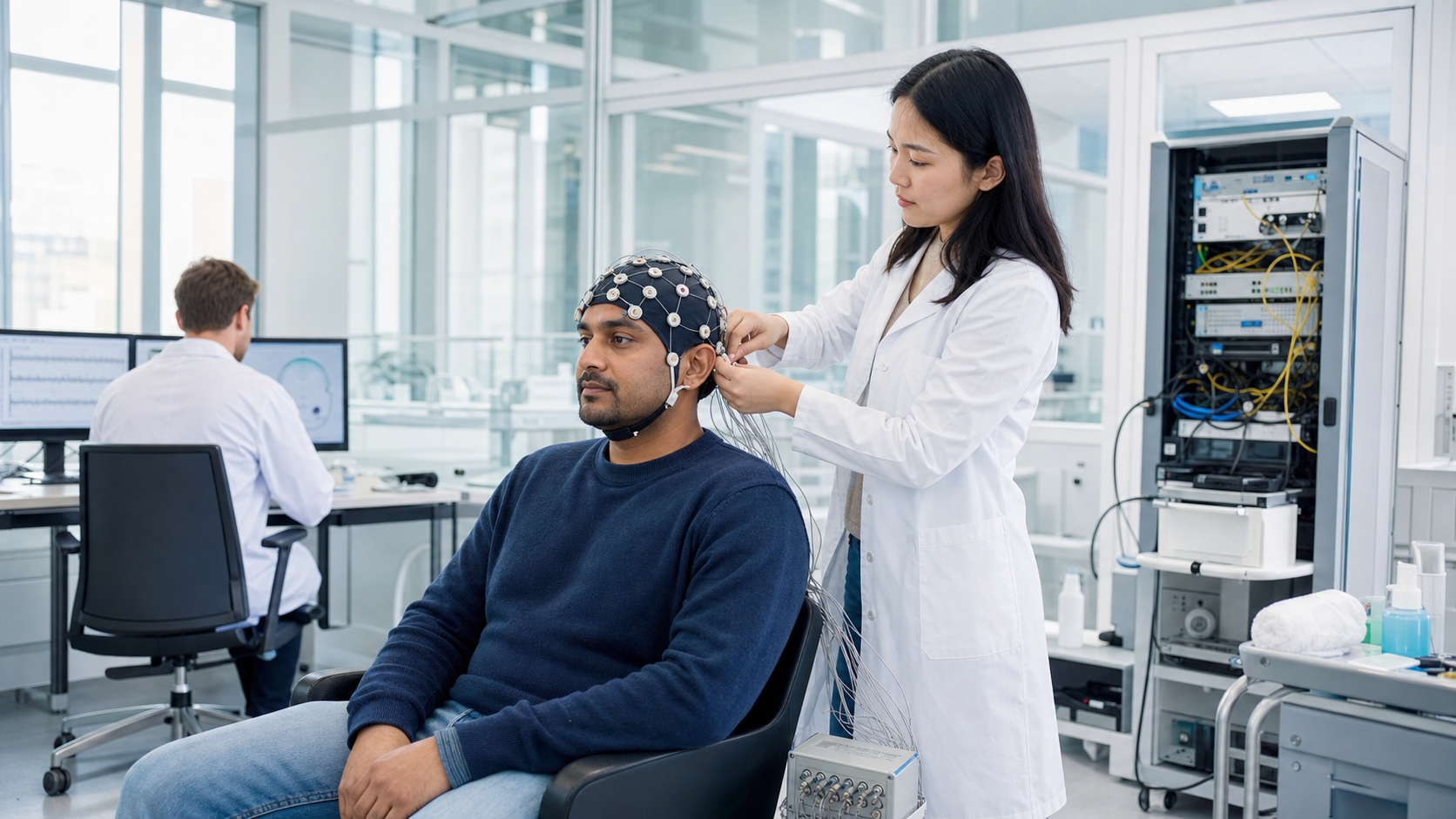 Research participant wearing an EEG cap with a researcher in a daylight laboratory